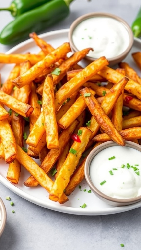 Crispy Air Fryer Jalapeño Fries Recipe Crispy air fryer jalapeño fries served with ranch dressing and fresh herbs.